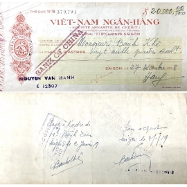 Ngân phiếu (chèque) do Việt Nam Ngân Hàng (Vietnam Bank) phát hành năm 1958, thời kỳ Việt Nam Cộng H