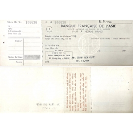 Mẫu ngân phiếu trống (chưa sử dụng) của Pháp Á Ngân Hàng (Banque Française de l’Asie), một ngân hàng