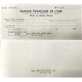 Mẫu ngân phiếu trống (chưa sử dụng) của Pháp Á Ngân Hàng (Banque Française de l’Asie), một ngân hàng
