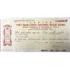 Ngân phiếu năm 1956 của Việt-Nam Công-Thương Ngân-Hàng – một trong những ngân hàng tư nhân lớn tại m